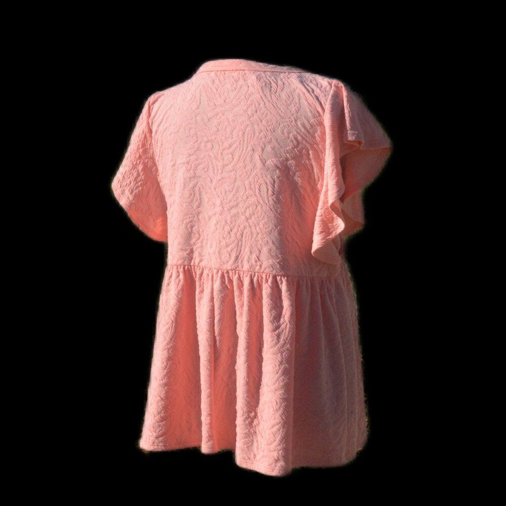 Macaron Textured Jersey Top Round Neckline Short Flutter Sleeves Curved Seam - Picture 7 of 7